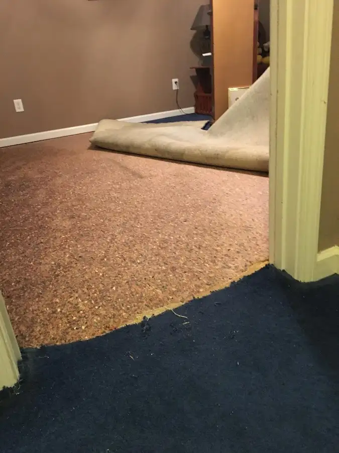 Carpet pad removal revealing water damage during Drying & Dehumidification in Mountain Home